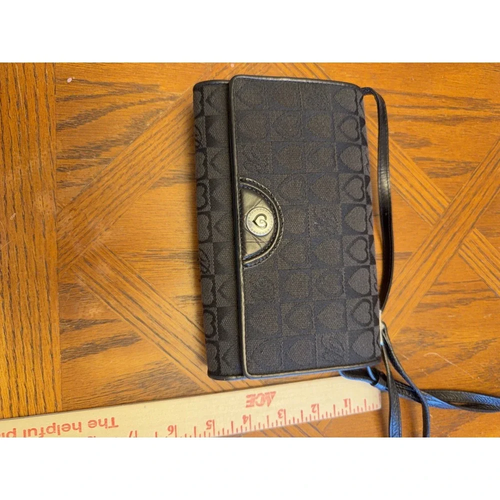 Ladies BRIGHTON Crossbody Organizer Clutch Wallet - Black Leather & Heart Fabric